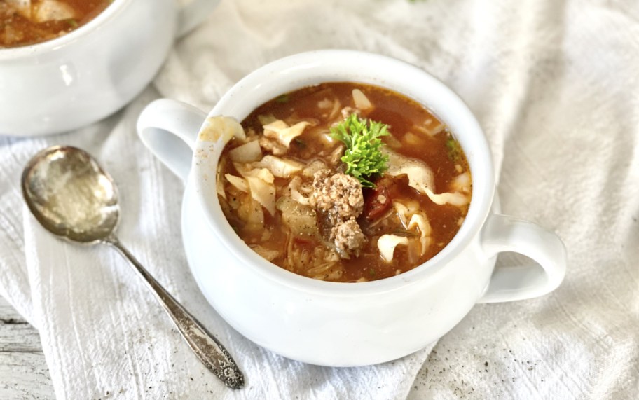 A bowl of low caarb cabbage roll soup, one of the best fall soup recipes