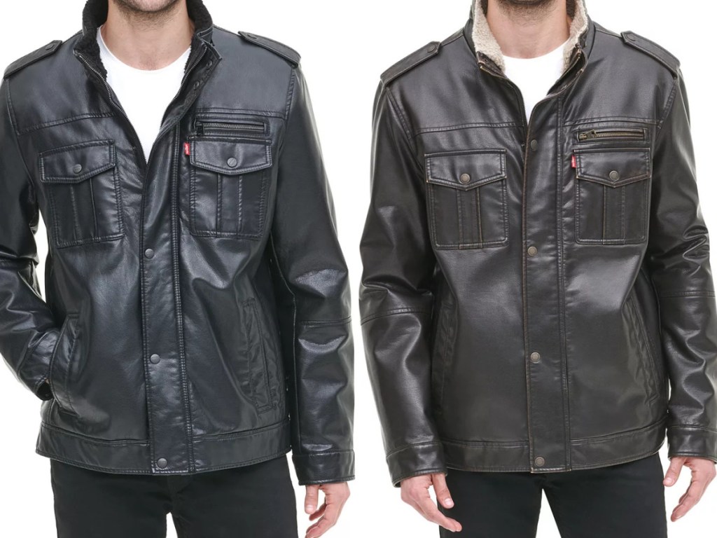 man in black faux leather jacket and man in brown faux leather jacket