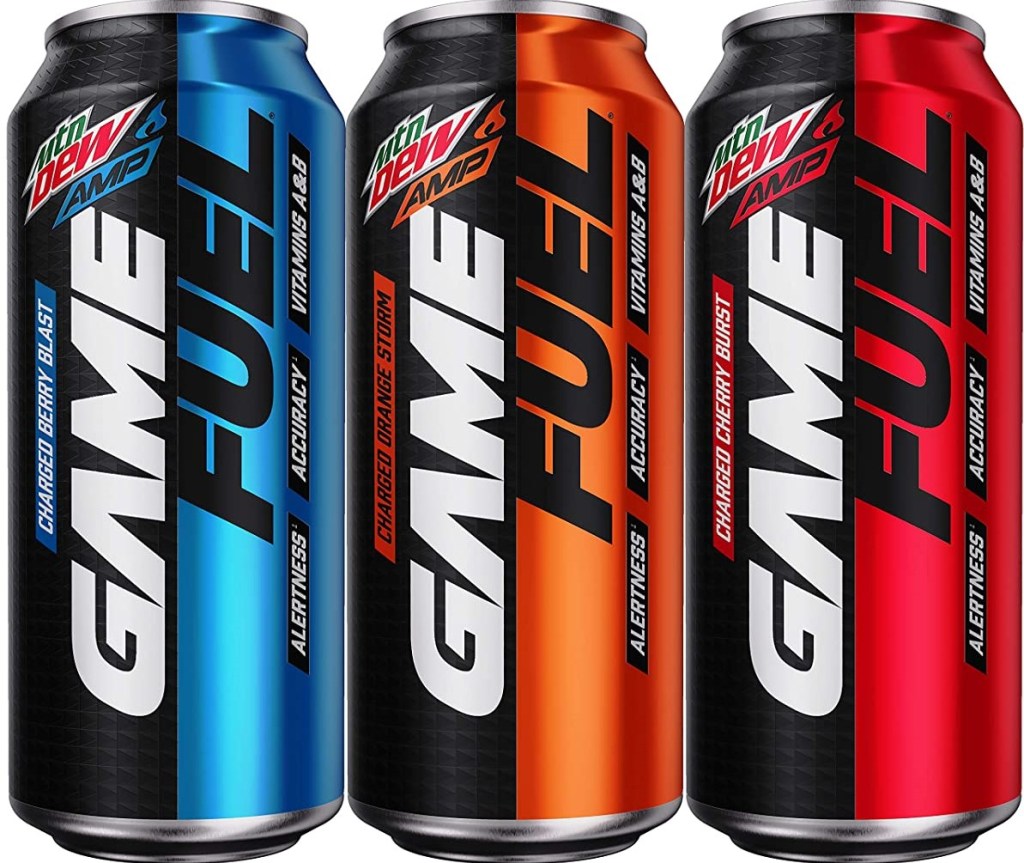three cans of Mtn Dew Game Fuel