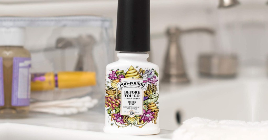 Honey Scent Poo-Pourri Spray on bathroom counter