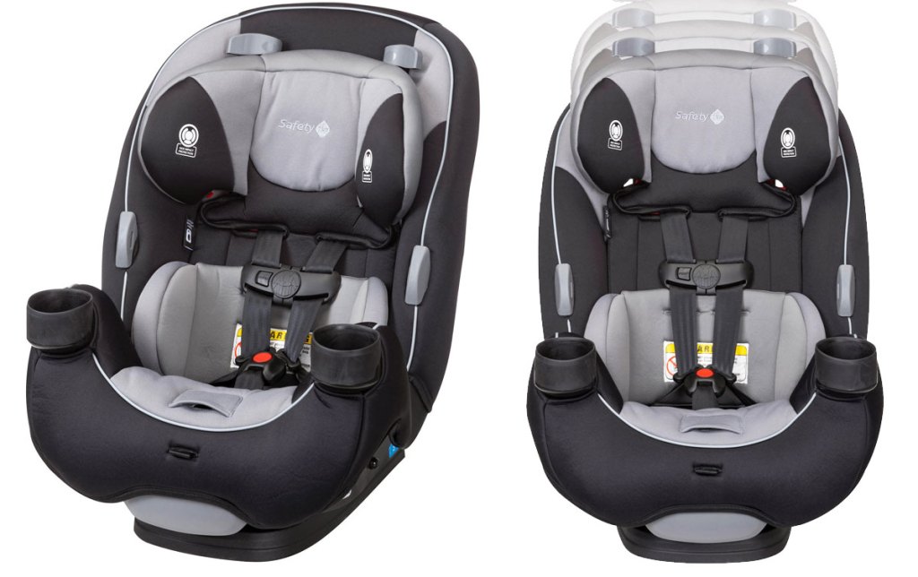 front and side views of a grey and black safety 1st convertible car seat
