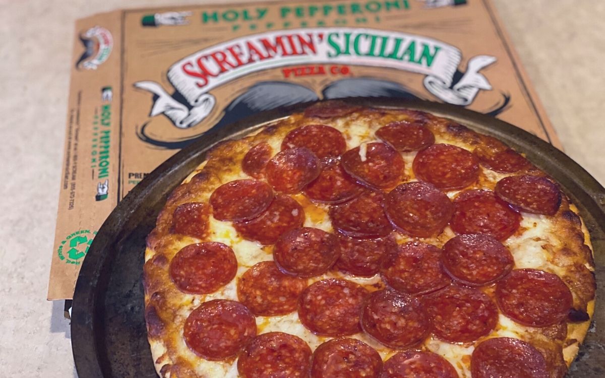 Screamin Sicilian pizza on a counter