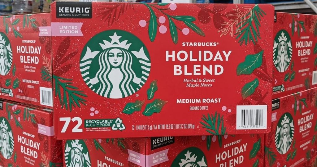large box of Starbucks Holiday Blend coffee