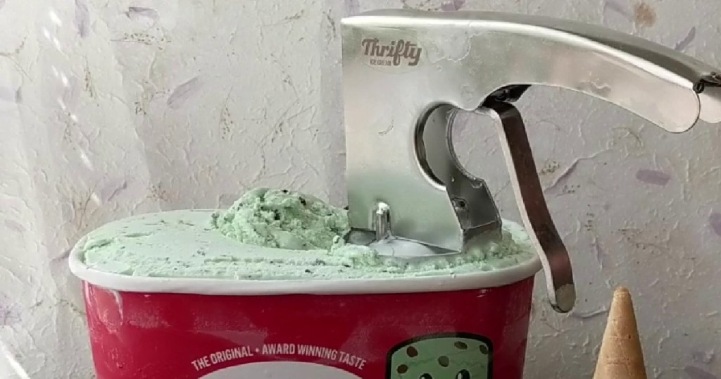 ice cream scoop in tub of mint chocolate chip ice cream and ice cream cone