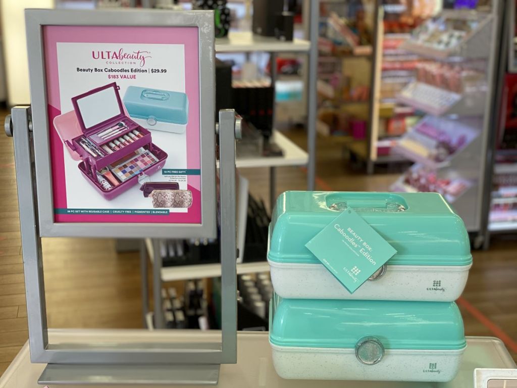 ULTA Beauty Box caboodles on shelf next to display