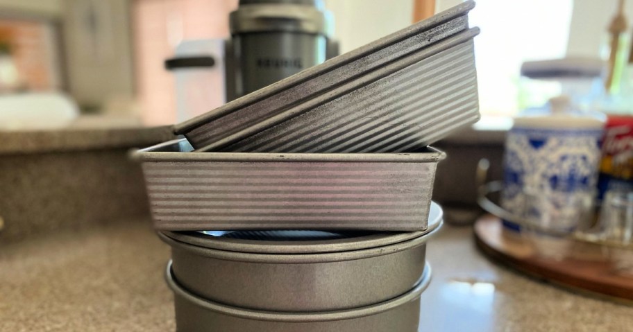 USA Pans stacked on counter in kitchen