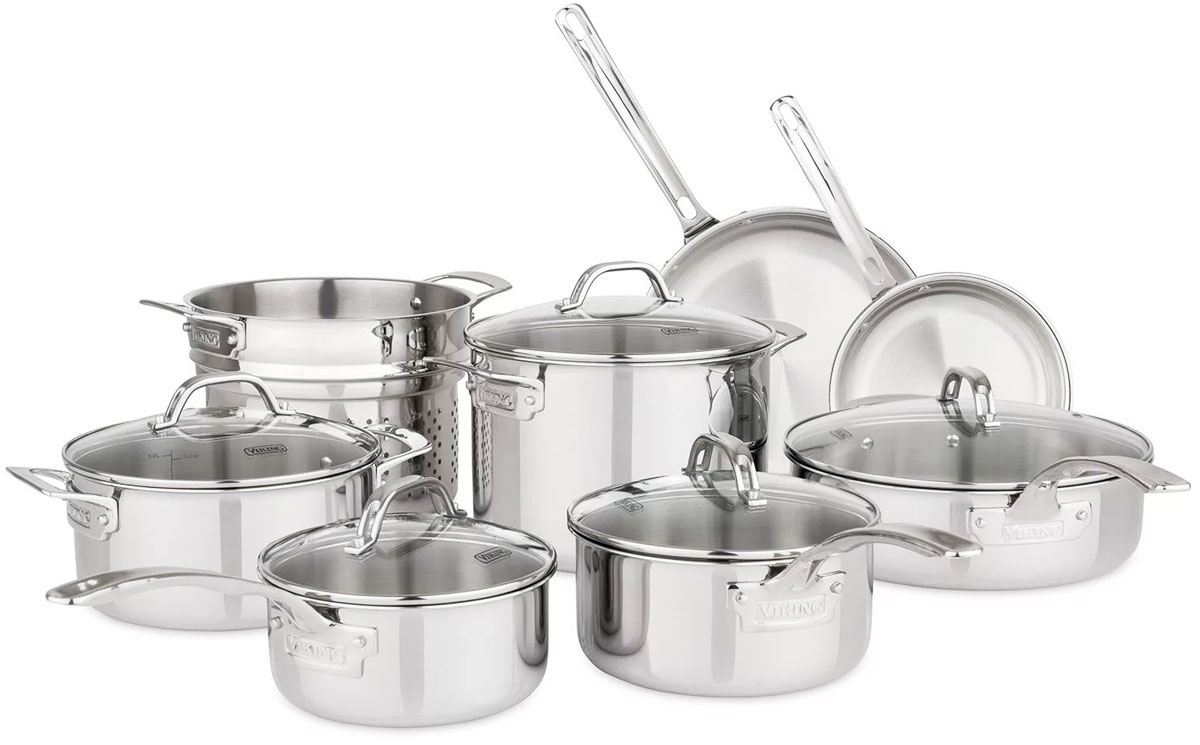 stainless steel 13 piece cookware set with pots, frying pans, and glass lids