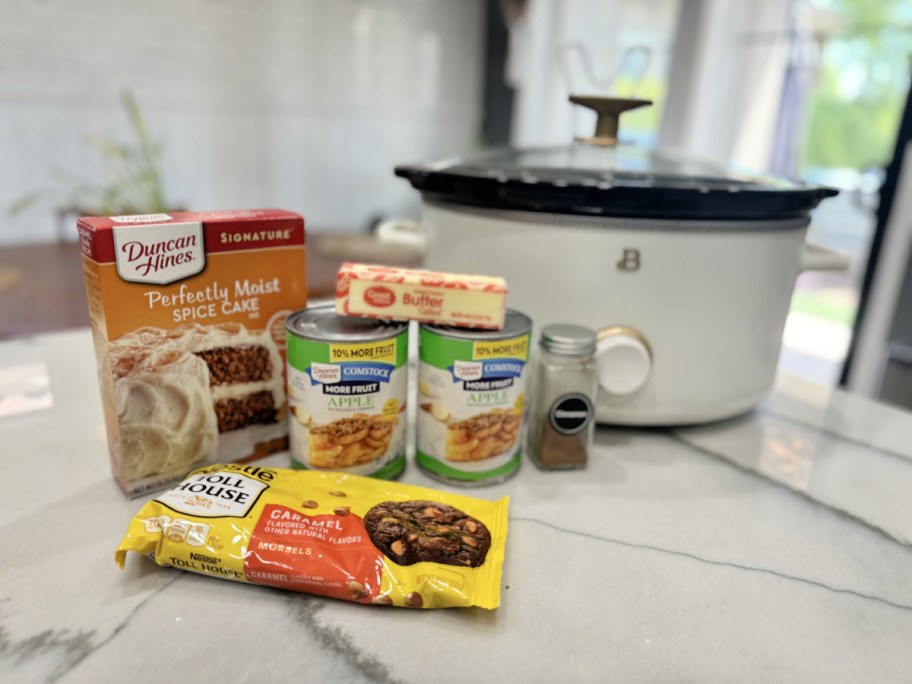 crockpot apple dump cake ingredients on the counter 