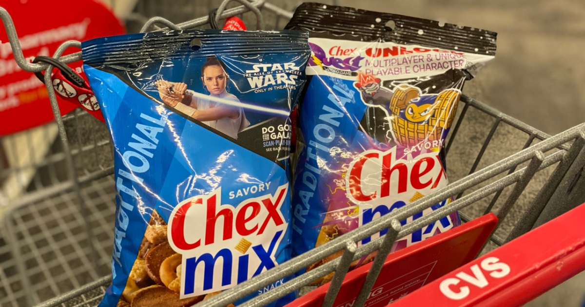 grocery cart with 2 snack size bags of Chex Mix in it