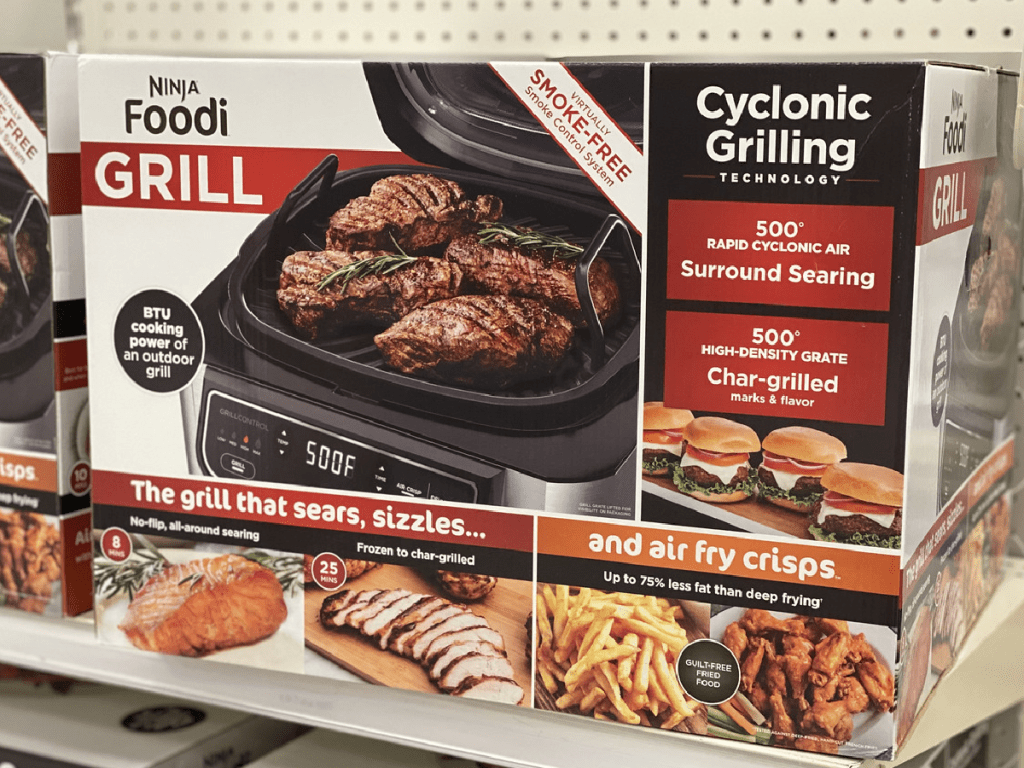 big box on store shelf with kitchen appliance