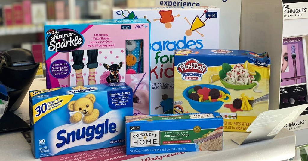 snuggle dryer sheets and toys on counter at walgreens