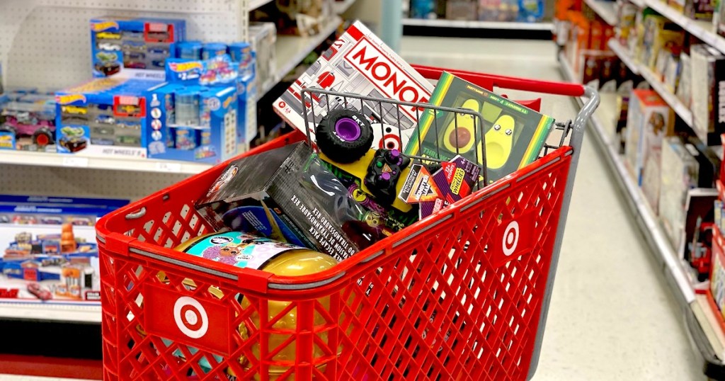 target cart full of toys in store aisle
