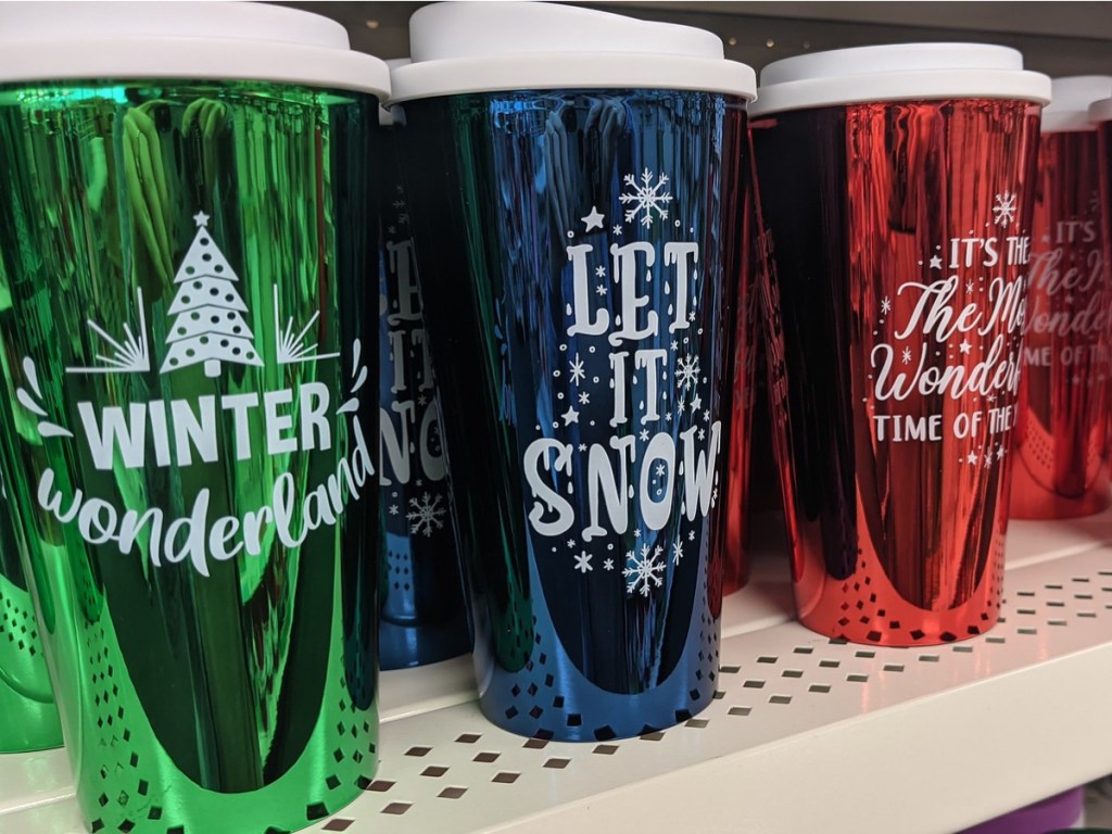 tall cups with foil colors and Christmas sayings