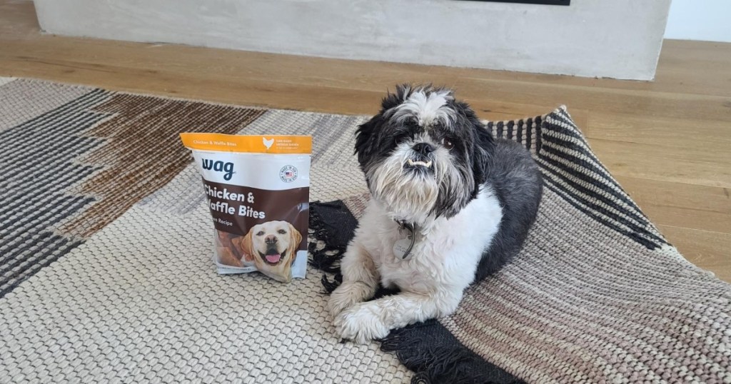 black and white tiny dog sitting next to bag of wag treats
