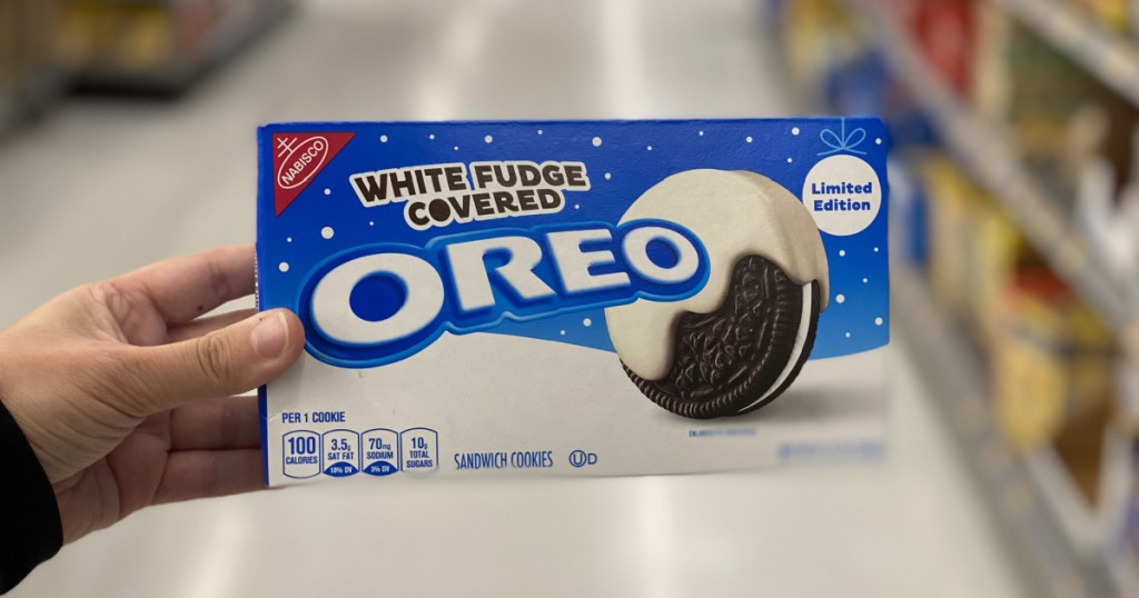 white chocolate oreos in hand in aisle