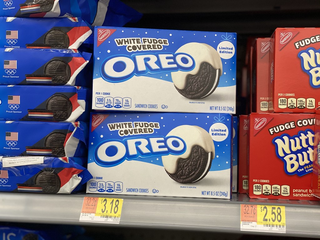 white fudge oreos on the shelf at walmart