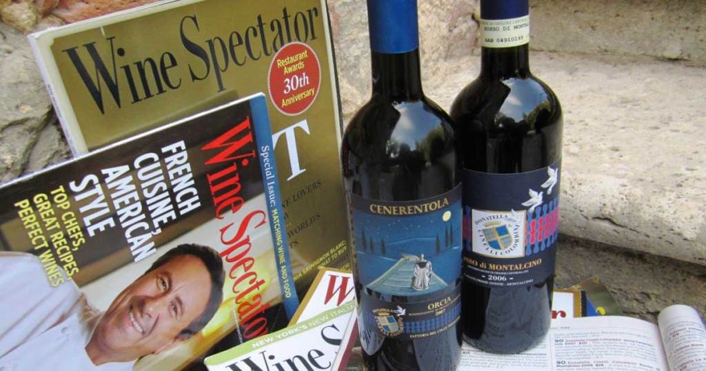 wine spectator magazine on display with bottles of wine