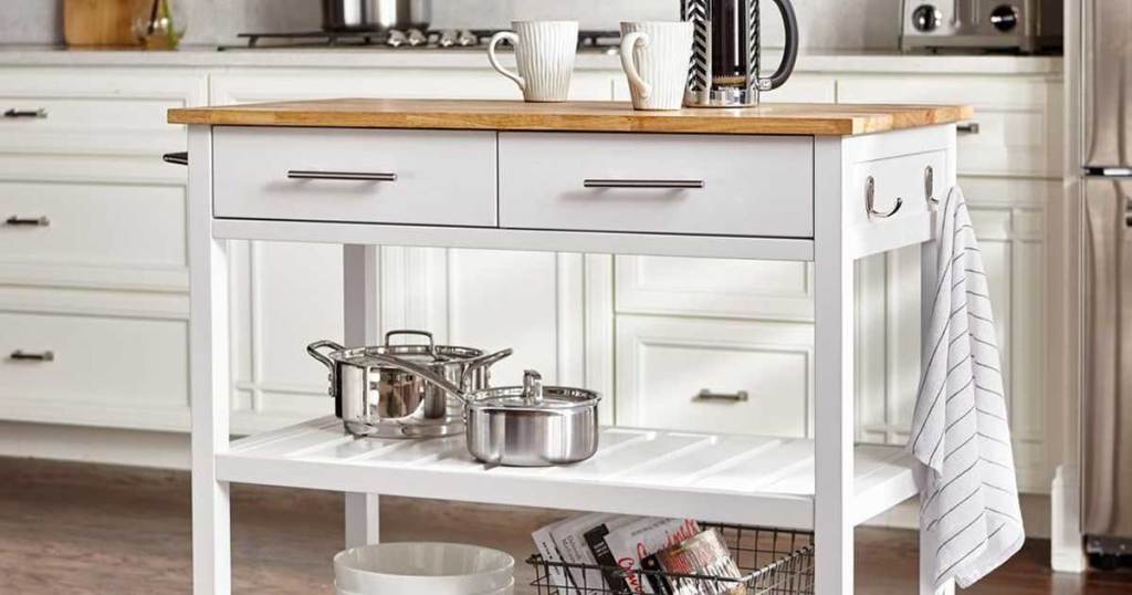 white kitchen cart with shelves and butcher block top