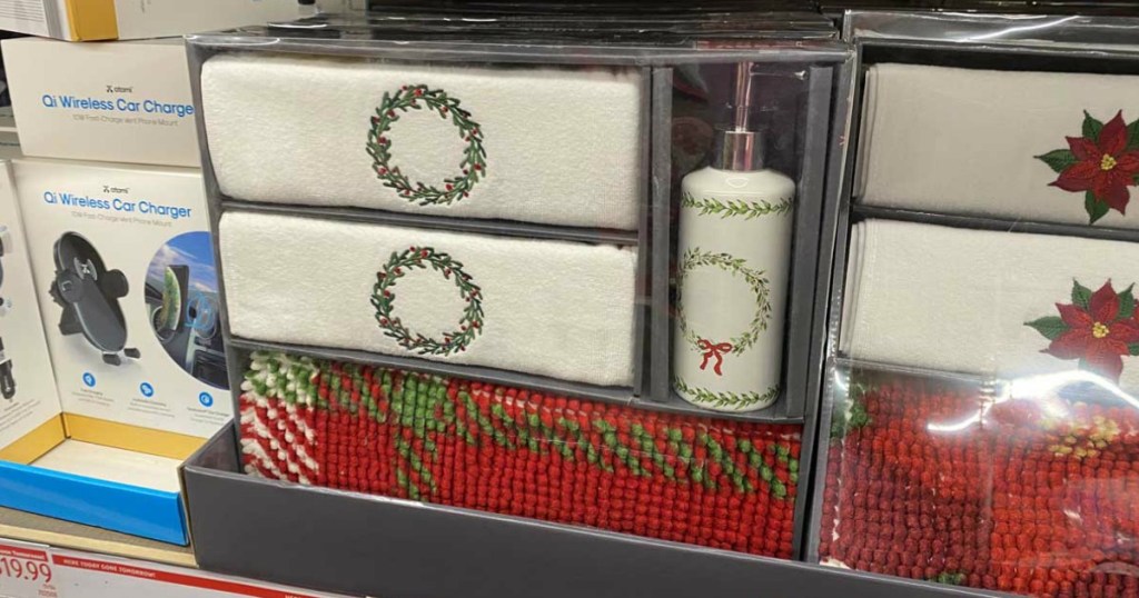 christmas bathroom towel gift sets on display in store