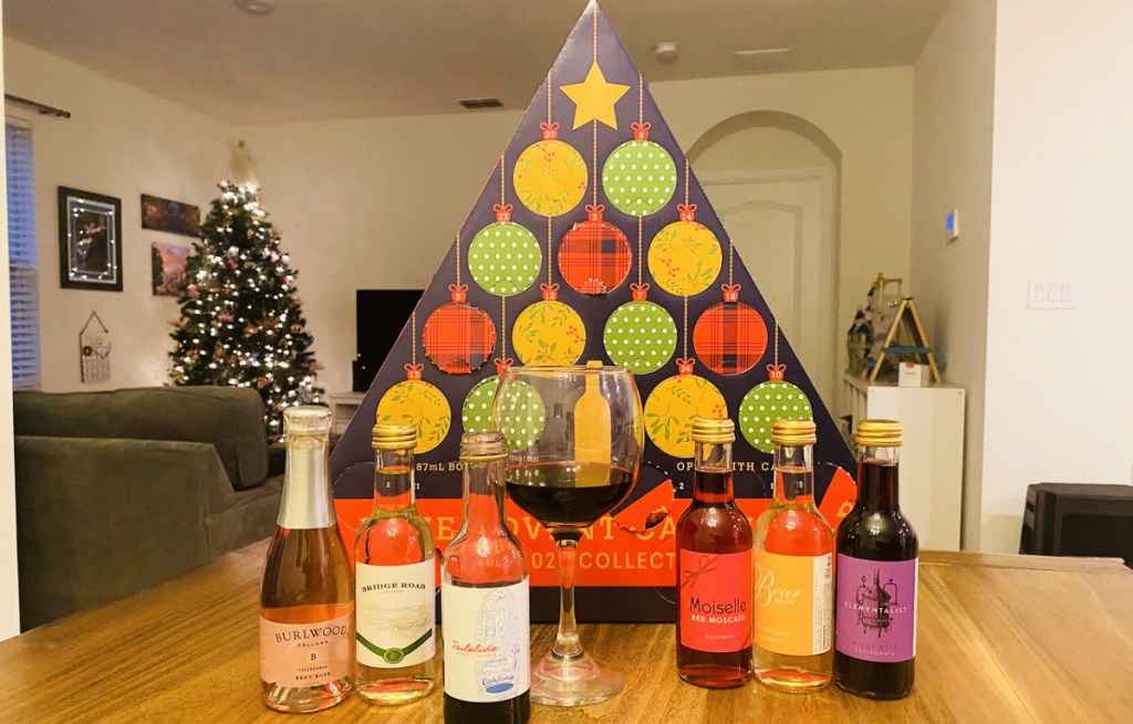 ALDI Wine Advent Calendar with bottles of wine and glass