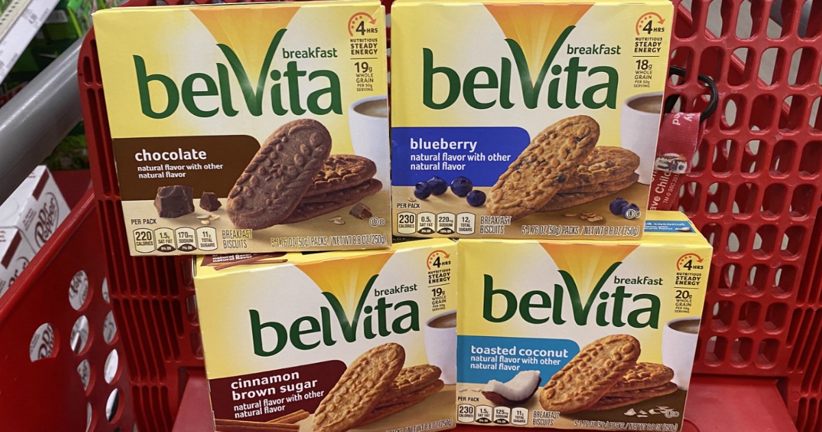 Belvita Breakfast Biscuits in packages in red cart