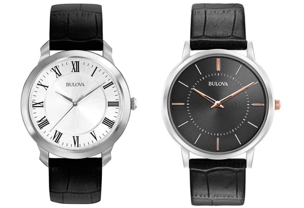 two men's watches with black leather straps and white and black watch faces