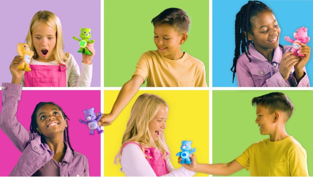 six kids playing with small Care Bears toys