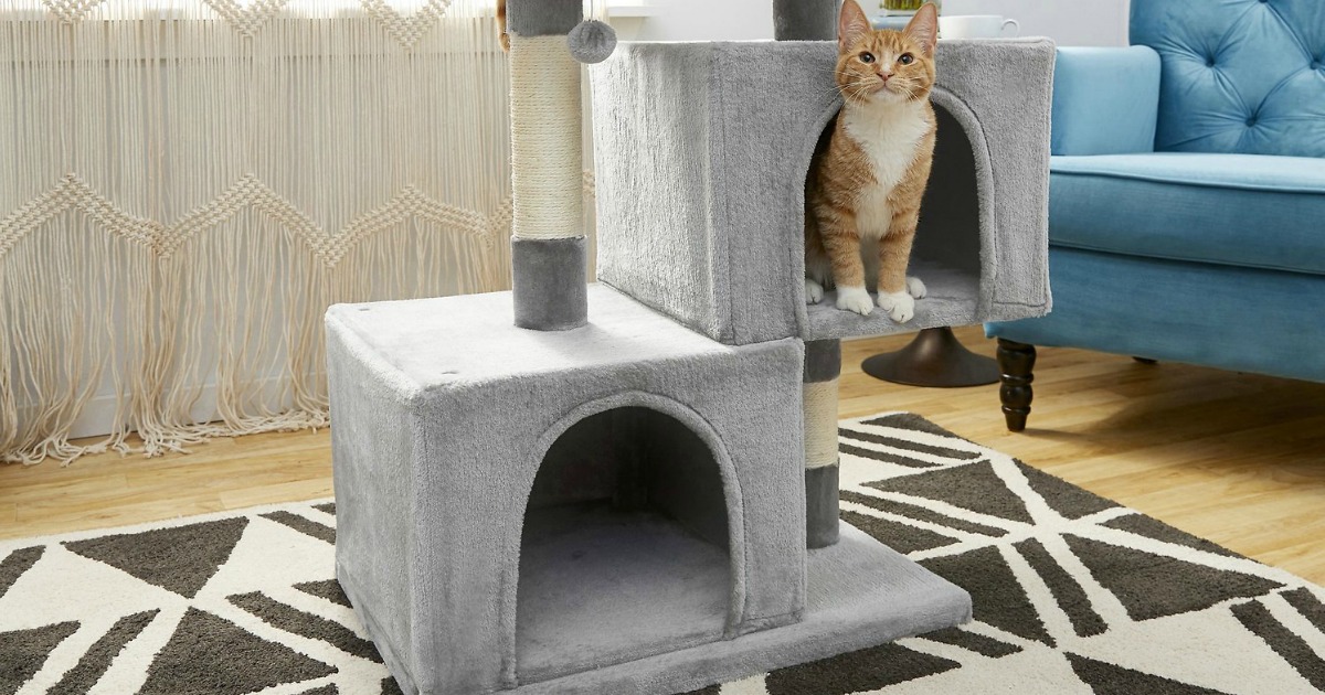 Large gray plush cat tree