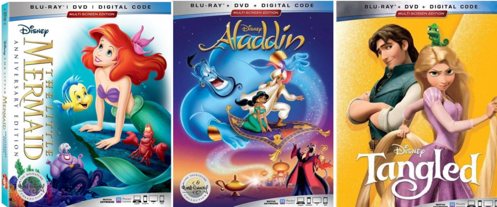Disney Movies The Little Mermaid, Aladding, and Tangled