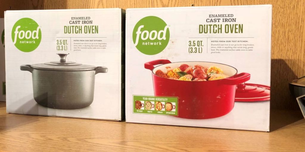 two Food Network Dutch ovens on a shelf at Kohl's