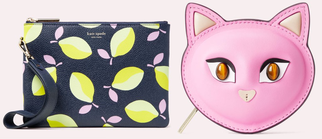 kate spade wristlet with lemon print and cat head shaped pink coin purse