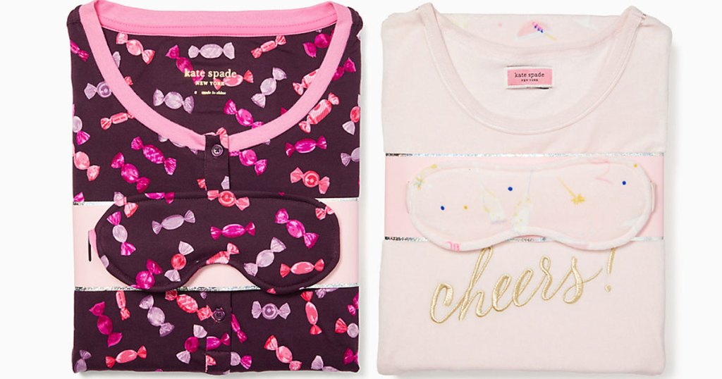 two folded kate spade pajama sets with matching sleep masks