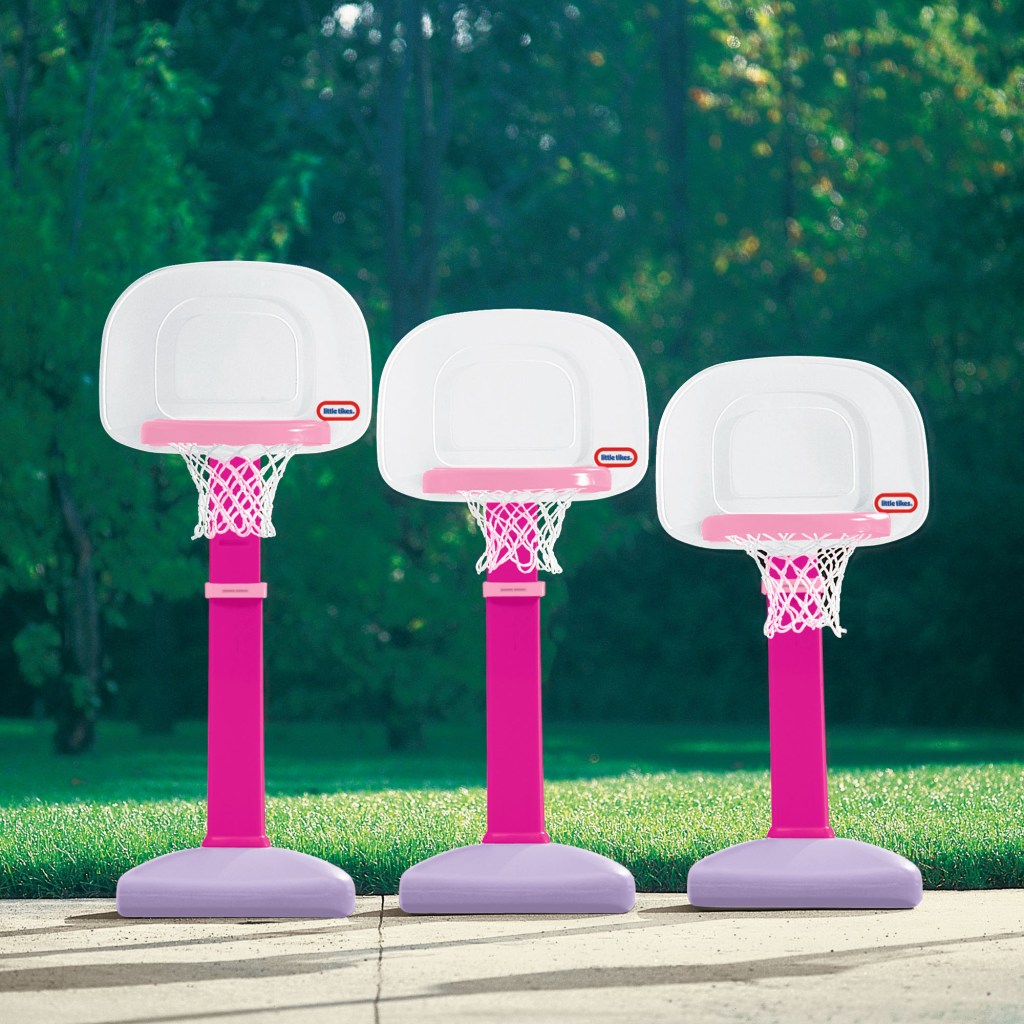 Little Tikes Pink Basketball Hoop shown at different heights