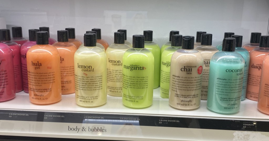 multiple bottles of philosphy body wash in store at macys