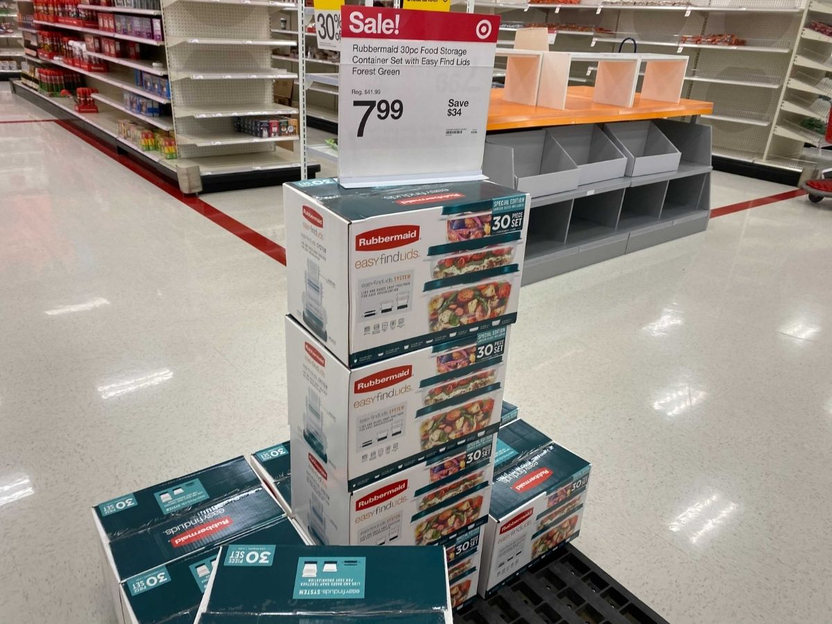 Rubbermaid 30-piece storage set on display in store