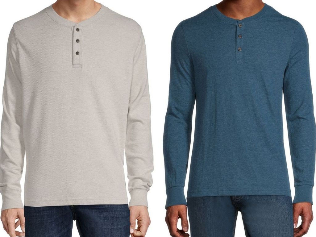 Two men wearing St John's Bay Henley Shirts