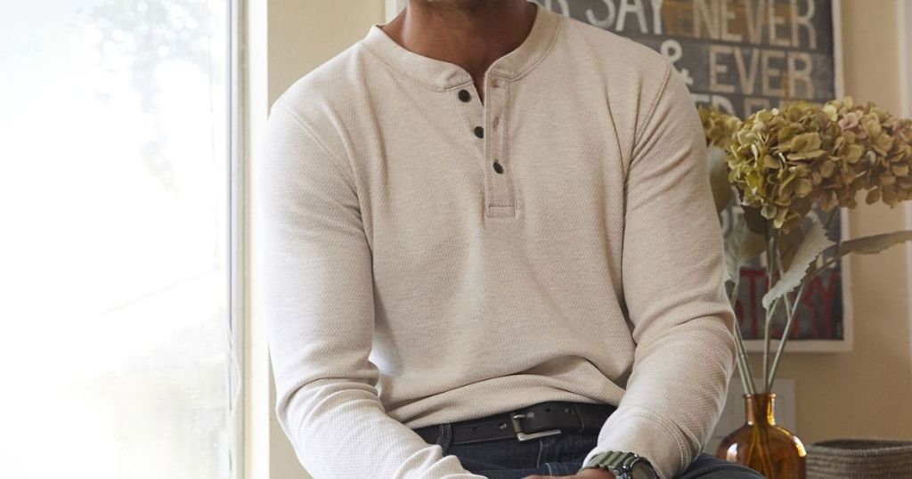 man wearing St John's Bay thermal Henley shirt