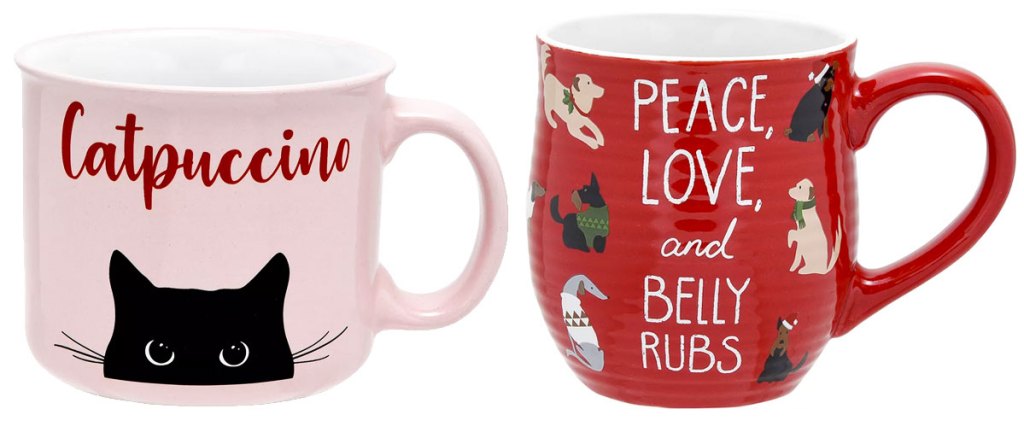 pink coffee mug with black cat that says "catpuccino" and red mug with dogs that says "peace, love, and belly rubs"