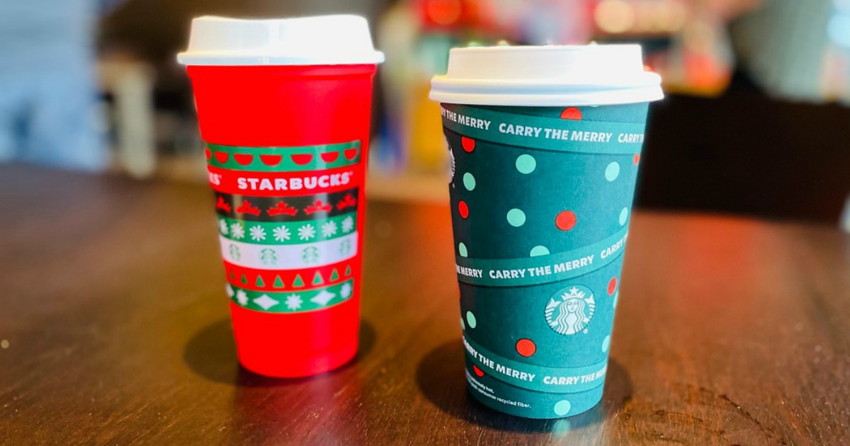 green and red Starbucks christmas cups