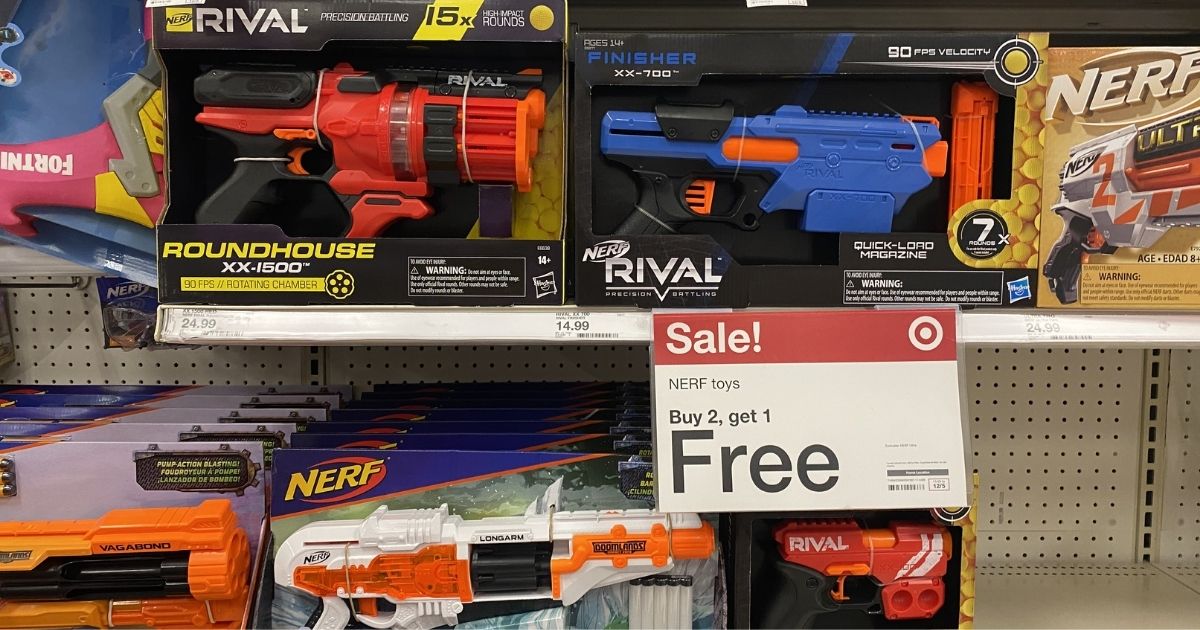 nerf guns on display in a target store