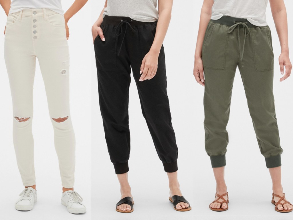 woman in white jeans, woman in black joggers, and woman in green joggers