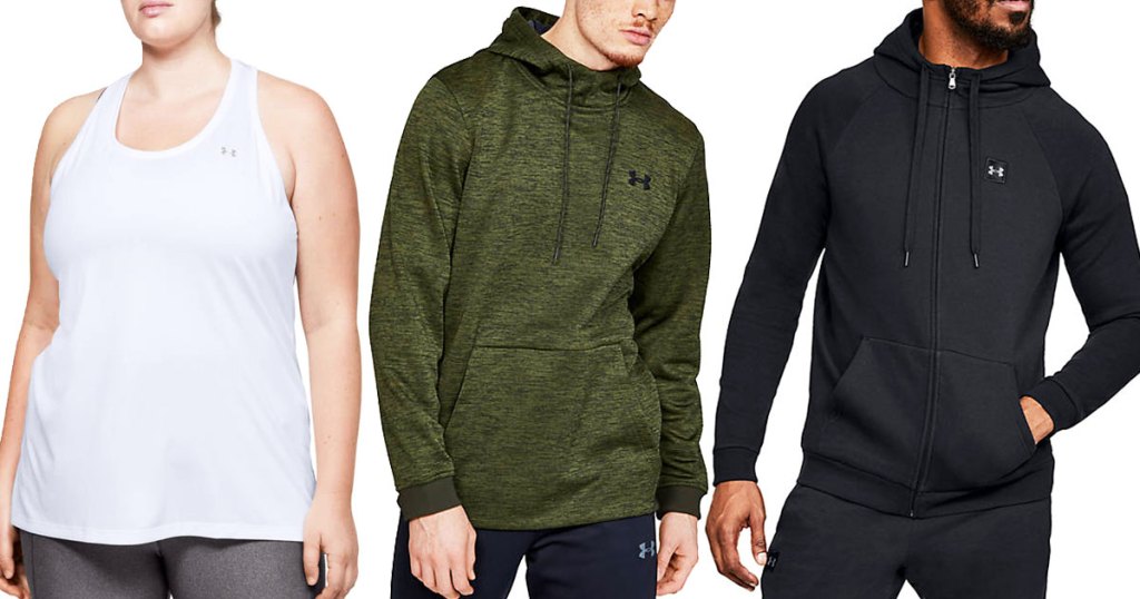 woman in white under armour tank, man in green pullover hoodie, and man in black zip-up hoodie