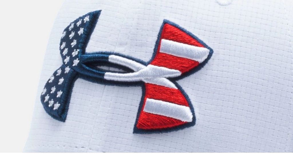 Red white and blue under armour symbol on white hat