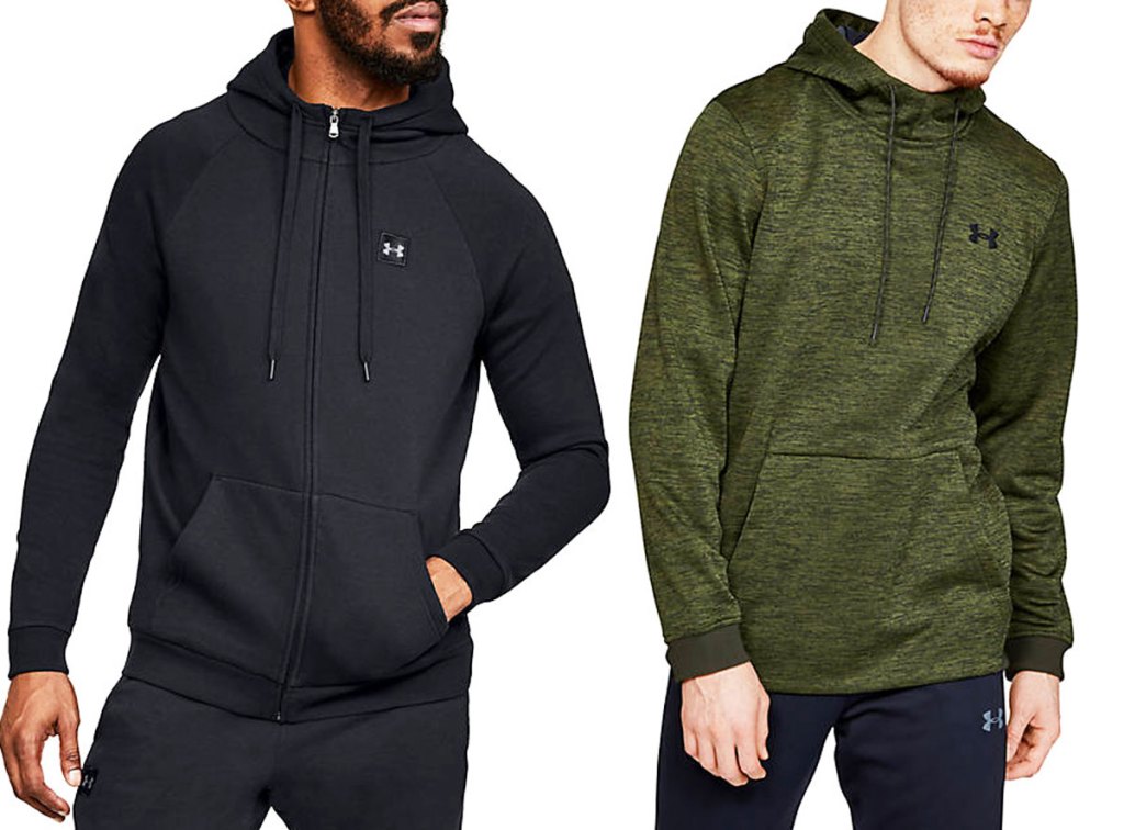 man modeling black under armour zip up hoodie and man in green under armour pullover