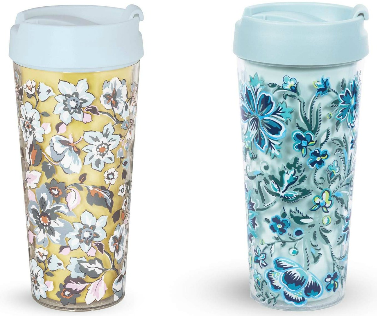Two styles of Vera Bradley Travel cups - one yellow, one teal