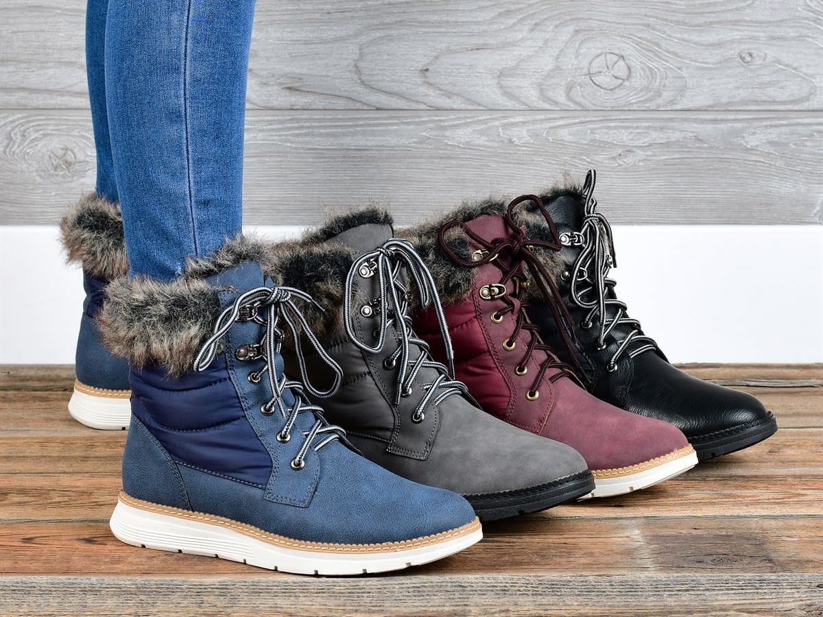 blue black red and gray fur boots