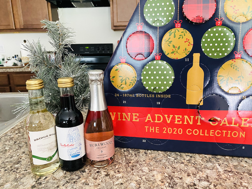 ALDI wine advent calendar with wine bottles on counter 