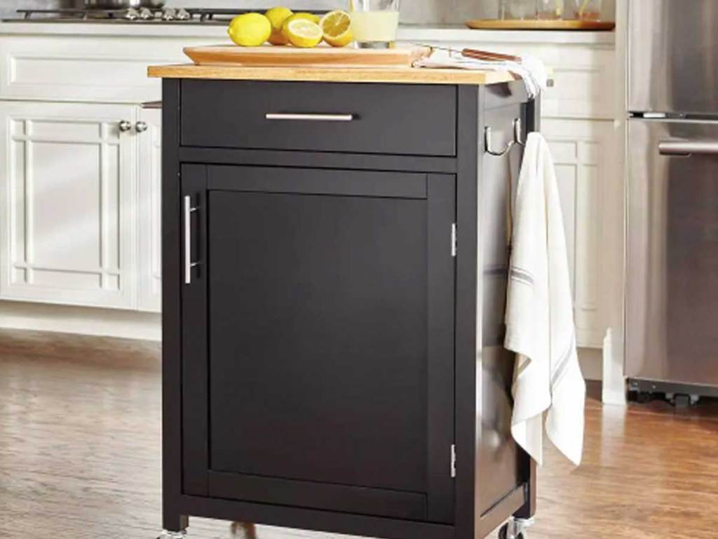 black kitchen cart with one drawer and cabinet