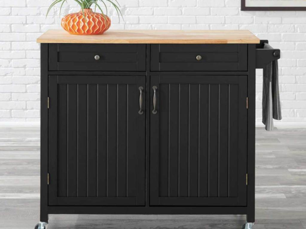 black kitchen cart with 2 drawers, cabinet and butcher block top