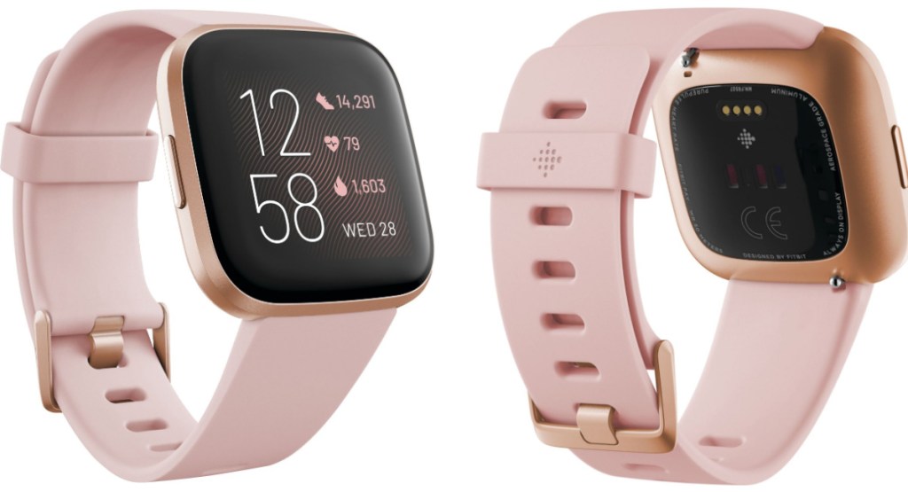 fitbit versa in rose front and back view